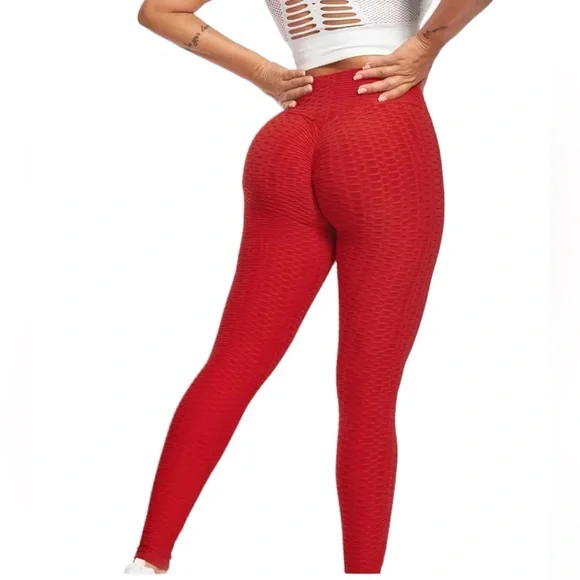 Yoga pants high stretch red textured, ruching at back to flatter figure Large - Picture 4 of 9